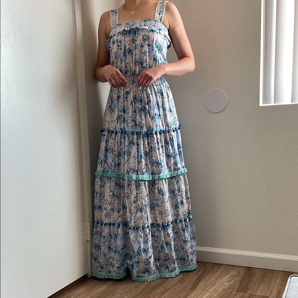 Blue and Gray Tiered Sundress with Square Neck